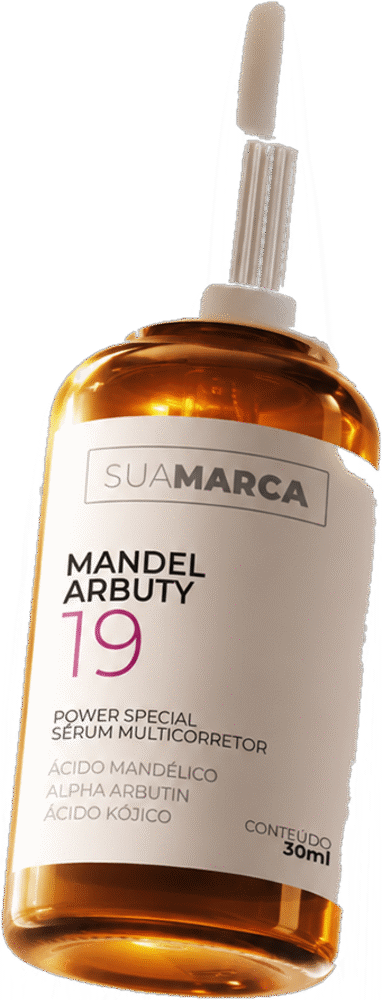Frasco de sérum com rótulo personalizável onde se lê Sua Marca