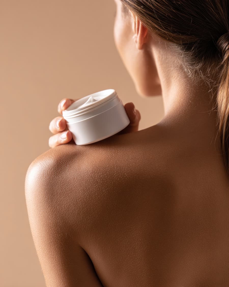 Mulher segurando um pote de creme corporal sobre o ombro